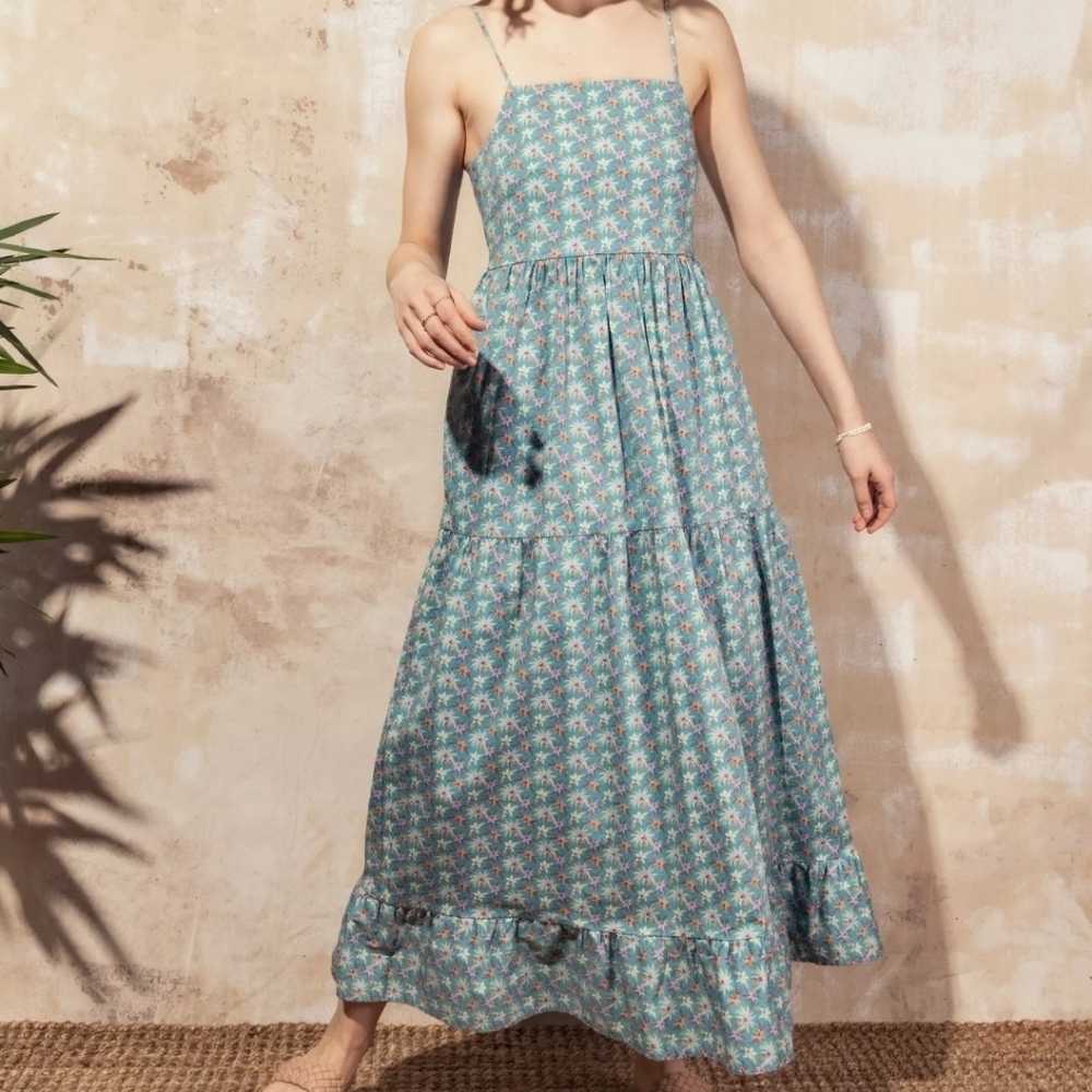 Mott50 Teal Floral Royal Orchid Sophie Tiered Maxi Sun Protection Dress XS NWOT